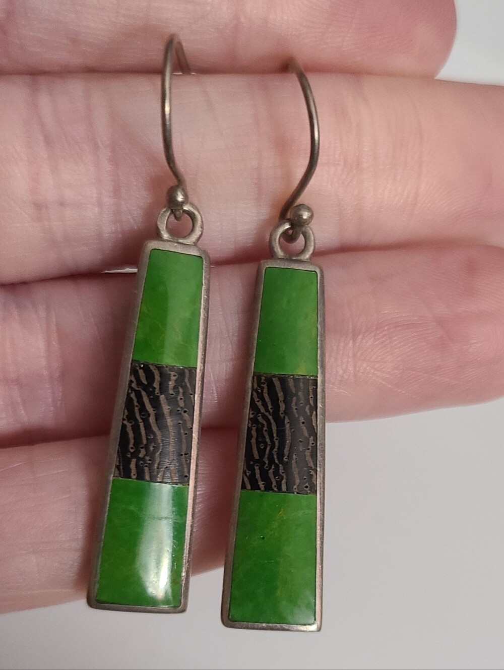 Vintage 925 PR Percy Reano Navajo Green Turquoise Inlay Earrings Onyx Sterling